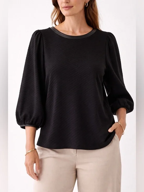 Anne Klein Black Textured Blouse Size Large Puff Sleeve Career Top Like New - Picture 1 of 7